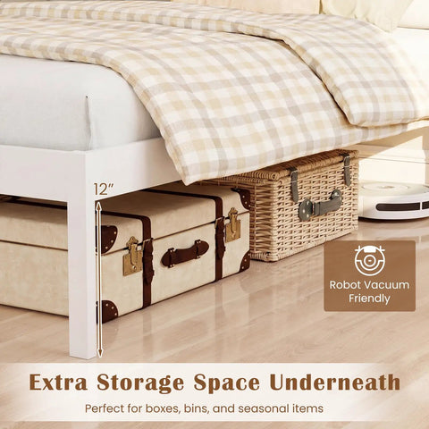 Extra storage space underneath Full Size Wood Bed Frame With Headboard, Mid Century Modern Platform Bed delivering chill vibes.