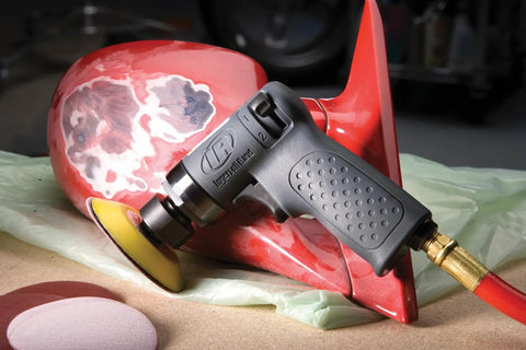 Compact Mini Orbital Sander For Metal Prep And Rust Removal Feather Edging Smoothing Welds And Quick Finishes tool shown sanding red part