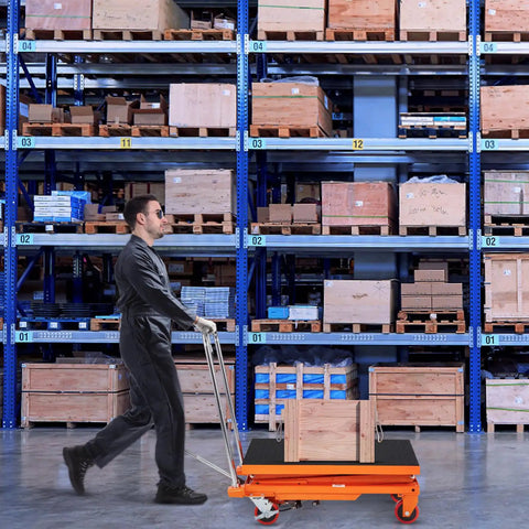 Heavy Duty Portable Hydraulic Lift Table Cart With 330lbs Capacity 50in Scissor Jack Design used in warehouse for moving boxes.