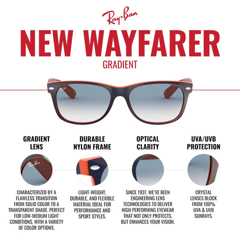 RB2132 New Wayfarer Gradient Sunglasses Unisex Small Fit Blue On Orange Frame With Clear Gradient Blue Lenses 55mm visual features