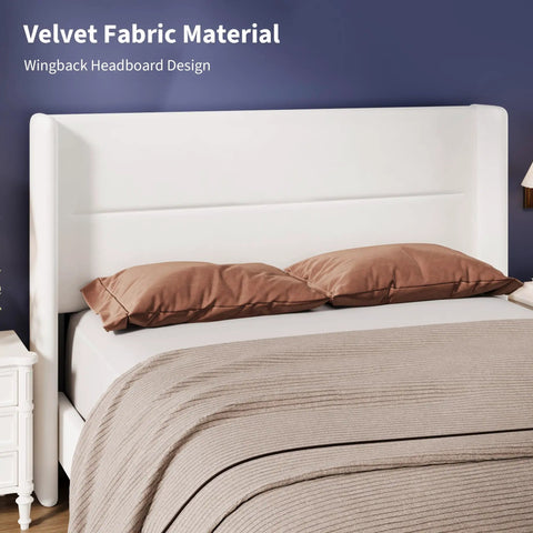 Game-Changing Queen Bed Frame With Dope White Velvet Wingback Headboard And Upholstered Platform Design Featuring Hardcore Metal Support And Thick Wood Slats For Solid Stability And Low-Key Luxury Vibes In Your Room - Close-up of white velvet wingback headboard and pillows.