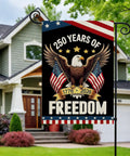 250 Year Anniversary USA Garden Flag For Outdoors With Eagle Design Double Sided 12x18 Inch Patriotic Backyard Flag 1776 2026 Fourth Of July Waterproof Flag displayed in a front yard