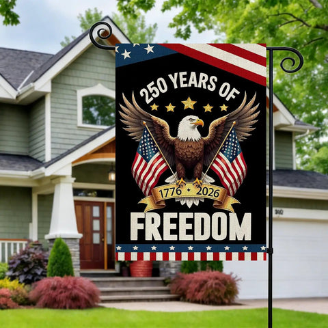 250 Year Anniversary USA Garden Flag For Outdoors With Eagle Design Double Sided 12x18 Inch Patriotic Backyard Flag 1776 2026 Fourth Of July Waterproof Flag displayed in a front yard