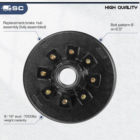 Trailer axle electric brake kit, pair of 12x2 in brake drums with 8-on-6.5 in bolt pattern.