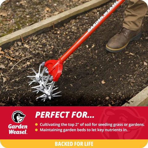 Rotary Cultivator With Detachable Tines And Long Handle For Aerating Soil, Weeding, Cultivating, And Lawn Reseeding in use