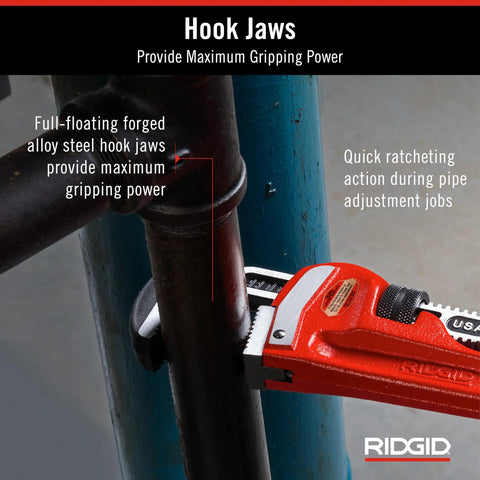 Heavy-Duty 18-Inch Straight Pipe Wrench For Plumbing Jobs With I-Beam Handle clamping on a pipe, showcasing hook jaws.