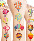 Hot Air Balloon Themed Temporary Tattoos Set For Kids 96 Pcs Pre Cut Stickers, kid-approved designs on children's arms, party supplies.