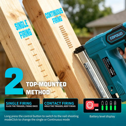 Zero Fuss 21V Cordless Nail Gun With Two 4.0Ah Batteries 18 Gauge 2 In 1 Electric Brad Nailer displaying single and continuous firing modes on wood.