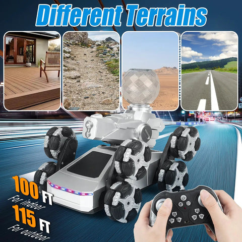 All Terrain One Sixteenth Scale Remote Control Car For Kids And Teens Eight Wheel Stunt Monster Truck Toy RC Car in action on various terrains