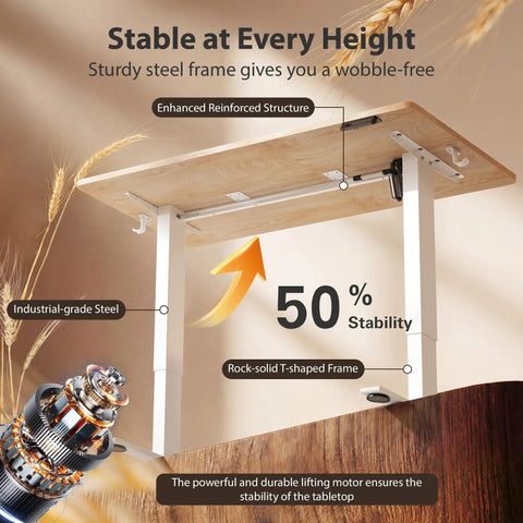 Electric Height Adjustable Standing Desk 48x24 Inches With White Frame And Maple Top, shown sturdy frame and motor details