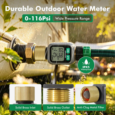 Dual Zone Display Water Flow Meter With Big LCD Screen For Real Time Usage Tracking Built Tough Brass Meter Great For Home Garden And Irrigation Monitoring, brass inlet