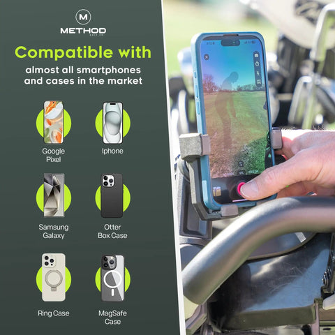 Magnetic Phone Holder For Golf Push Cart With Rangefinder Strap in action, compatible with most smartphones, in PushStack Pro Pack.
