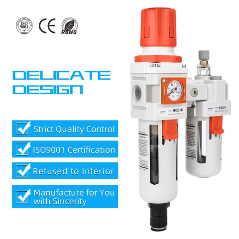Half Inch NPT Embedded Gauge Air Filter Regulator Lubricator All In One Setup With Auto Drain Water Oil Trap Delicate Design Display
