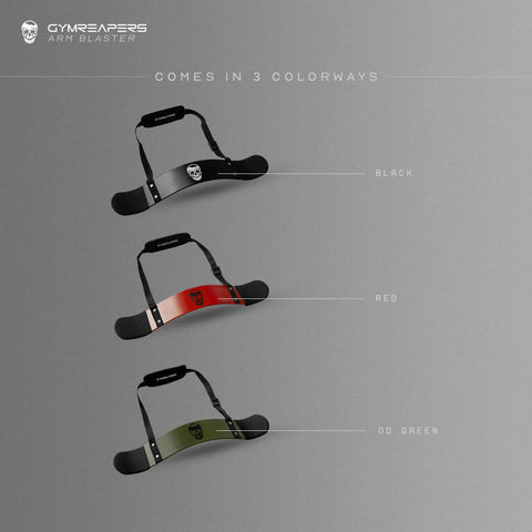 Three color options of Arm Blaster For Bigger Biceps With Thick Aluminum Build Contoured Padded Edges Adjustable Elbow Posture Support.