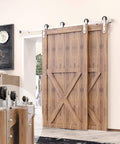 Installed Brushed Nickel Single Track Bypass Sliding Barn Door Hardware Kit For Double Doors With 10ft Flat Track And Straight Design Rollers