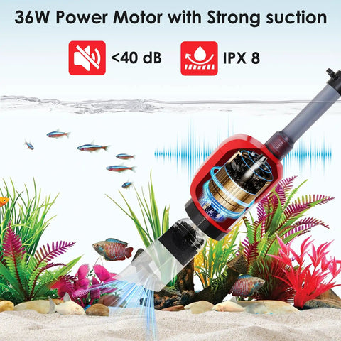 36W Electric Gravel Cleaner For Aquariums in action underwater with fish and plants, showcasing strong suction and quiet operation.