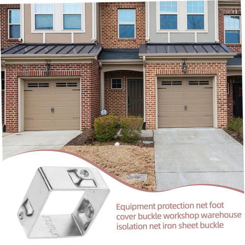 Heavy Duty Fence Buckles For Quick Secure Tinplate Installation with durable metal fasteners, shown next to garages