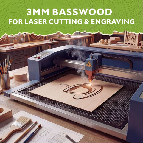 Basswood sheet 12x12 on blue laser cutter being engraved, smoke rising.