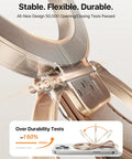 Premium Top Grain Leather MagSafe Phone Grip Holder close-up showing durability tests and flexible hinge design.