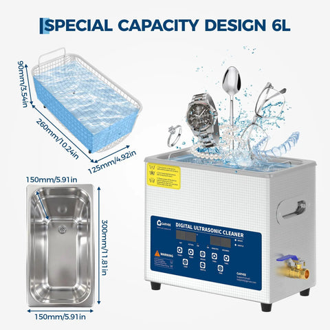 6L Heated Ultrasonic Cleaner Professional Grade 40Khz with stainless steel tank, water basket, and cleaning items visible.