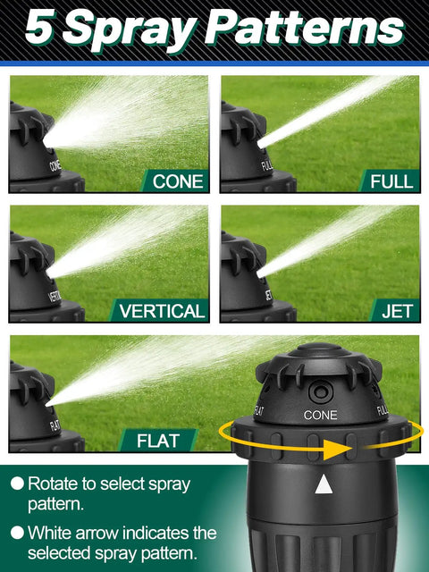 Diagram showing 5 spray patterns of Heavy Duty Aluminum Spike Sprinklers For Your Yard With Adjustable Spray Coverage And 5 Spray Patterns