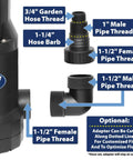 Oil Free 1/3 HP Utility Pump With High Flow Up To 2880 GPH showing hose and pipe thread adapters in thermoplastic black