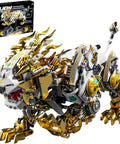 Golden Mechanical Lion Building Block Kit With Movable Limbs And Exposed Gears Futuristic Beast Model on Display Stand