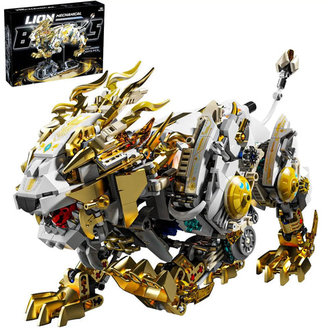 Golden Mechanical Lion Building Block Kit With Movable Limbs And Exposed Gears Futuristic Beast Model on Display Stand