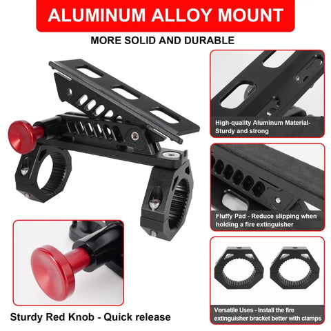 Quick Release Fire Extinguisher Mount Bracket for Offroad Jeeps and UTVs showing aluminum construction and red knob.