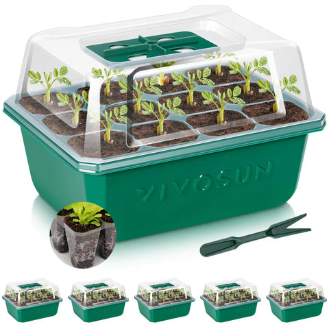 Easy To Use 72 Cell Seed Starter Kit With Humidity Dome And Drain Holes, shown with seedlings and a green propagation tray