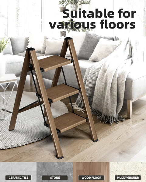 Three Step Foldable Aluminum Stool Ladder For Home Use Go To Lightweight Space Saving Step Stool With Easy Open Close on wood floor