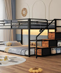 Rock Solid Low Twin Over Twin Bunk Bed With Game Changing Built In Storage Stairs Featuring Heavy Duty Steel Frame And Full Wrap Around Safety Rails In Sleek Matte Black Kids Room Setup with storage steps.