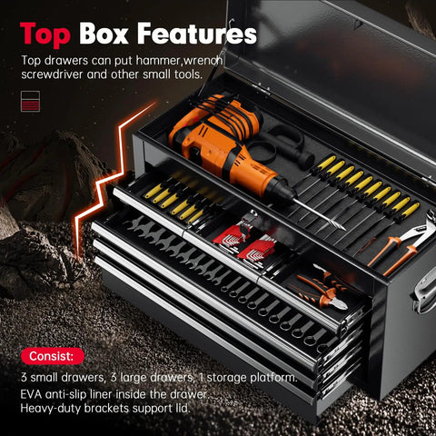 Eight Drawer Rolling Tool Chest With Locking Detachable Cabinet Built Tough Heavy Duty Steel Tool Cart On Wheels With Liner And Hooks showing top open with tools inside