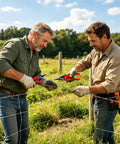 Two men using Non Slip Snip Shears For Sheet Metal 9 Inch Manganese Steel Cutter With Labor Saving Lever in a grassy field