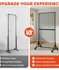 Two Pack Hella Durable Rolling Wire Grid Wall Panels Featuring Twenty Straight Up Sturdy Hooks For Retail Shops Craft Fairs Mobile Vendor Booths And Weekend Markets In Black, side-by-side comparison of two panel types.