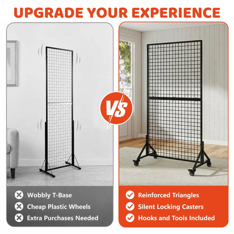 Two Pack Hella Durable Rolling Wire Grid Wall Panels Featuring Twenty Straight Up Sturdy Hooks For Retail Shops Craft Fairs Mobile Vendor Booths And Weekend Markets In Black, side-by-side comparison of two panel types.
