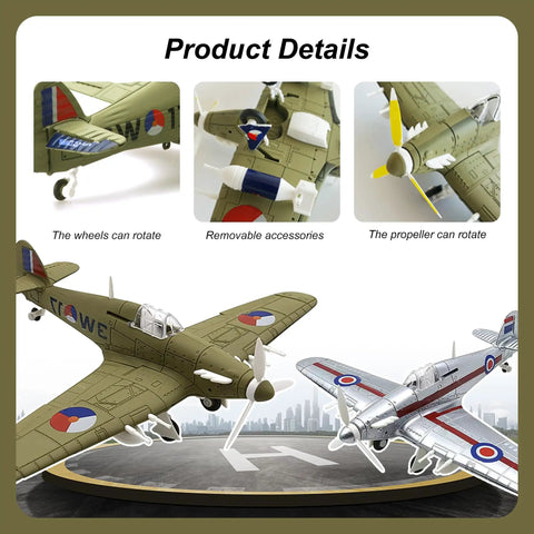 Hawker Hurricane 1 to 48 Scale Model Kit For Grownups WWII RAF Fighter Aircraft Display Model Snap Fit Plastic Airplane Kit Silver Finish with rotating wheels and propeller, shown with removable accessories.