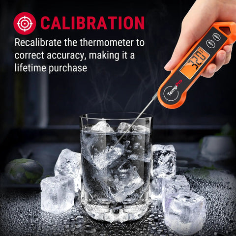 Pro Grade Digital Meat Thermometer With 2 Inch Auto Rotating Backlit Display in ice water to demonstrate calibration
