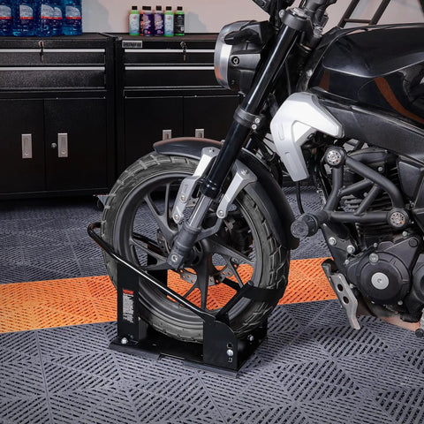 Heavy Duty Motorcycle Wheel Chock With 1800 Lb Capacity Durable Steel Front Tire Bracket Three Adjustable Holes Fits 15 To 21 Inch Wheels Works With Off Road And Street Bikes