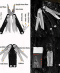 15 In 1 Multitool Pliers with Spring Loaded Head and Thick Hardened Steel Skeleton Handle features tools on display