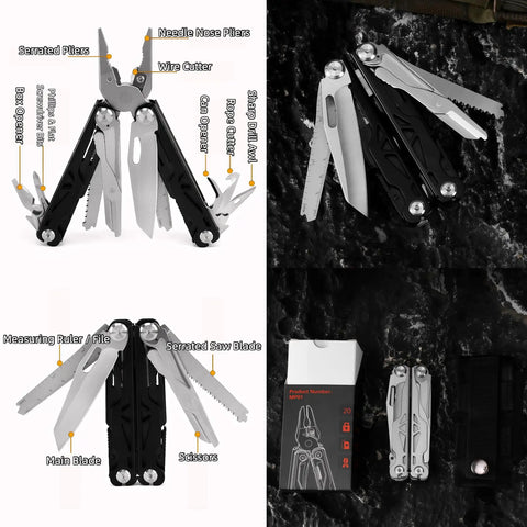 15 In 1 Multitool Pliers with Spring Loaded Head and Thick Hardened Steel Skeleton Handle features tools on display
