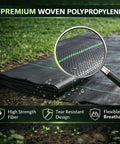 Heavy Duty Weed Barrier Landscape Fabric With Woven Geotextile Ground Cover For Garden Beds Driveways And Landscaping 1.3ft By 50ft Premium Weed Control Mat laid on ground with magnifying detail