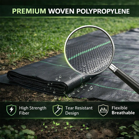 Heavy Duty Weed Barrier Landscape Fabric With Woven Geotextile Ground Cover For Garden Beds Driveways And Landscaping 1.3ft By 50ft Premium Weed Control Mat laid on ground with magnifying detail