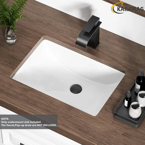 Durable White Rectangle Undermount Sink For Vanity And Bathroom, Vitreous Ceramic With Curved Sides installed on wooden countertop.