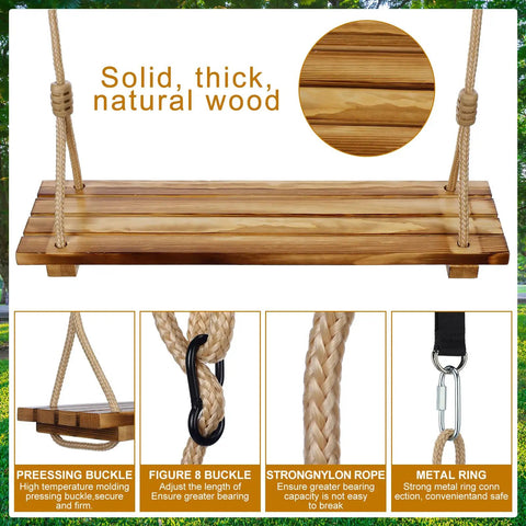 Two Pack Wood Swing Seats Carbonized Hanging Tree Swing Set With Adjustable Rope For Indoor Outdoor Use Waterproof Anticorrosive