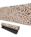Leopard Print Large Gaming Mouse Pad For Home Office Desk Setup, Oversized 31.5 X 11.8 Inch Laptop And Keyboard Mat shown flat and rolled.