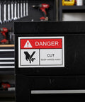 5 Pack Machinery Safety Stickers Keep Hands Away Hazard Decal on toolbox in workshop setting