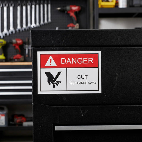 5 Pack Machinery Safety Stickers Keep Hands Away Hazard Decal on toolbox in workshop setting