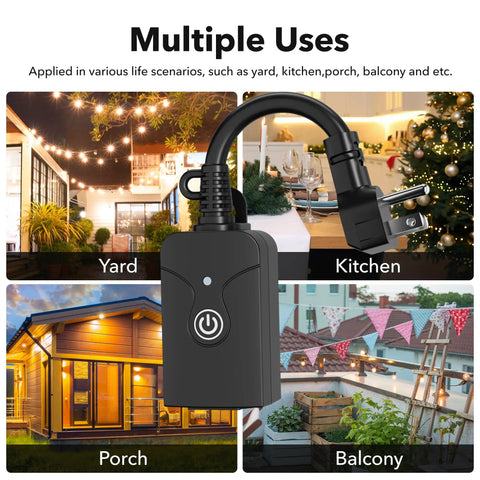 Outdoor Smart WiFi Plug Outlet With Heavy Duty Grounded Outlet No Fuss Remote App Control And Voice Control Works With Alexa And Google Home 2.4 GHz WiFi Only ETL Listed 1 Pack displayed in various settings like yard, kitchen, porch, balcony
