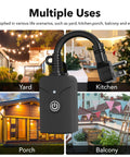 Outdoor Smart WiFi Plug With Heavy Duty Timer And Grounded Outlet shown in yard, kitchen, porch and balcony settings
